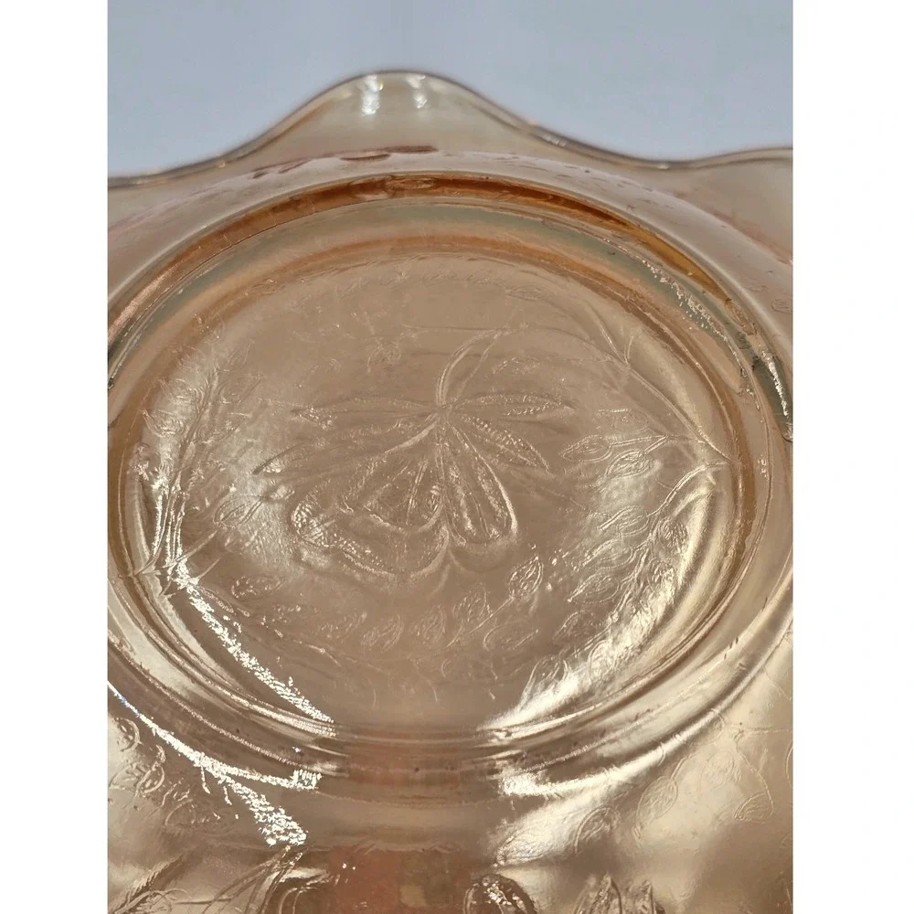 Ruffled Edge Louisa Amber Iridescent Floragold Embossed Depression Glass Dish 9